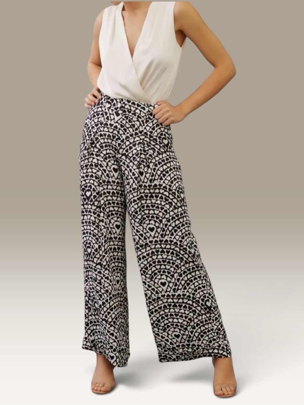 Farm Rio Heart Wide-Leg Pants Black & White Medium